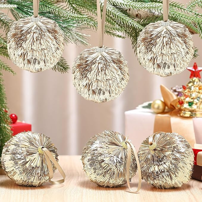 6 Pcs 4" Large Christmas Ball Ornaments Champagne Gold Christmas Tree Ornaments Pipa Glitter Sequ... | Amazon (US)