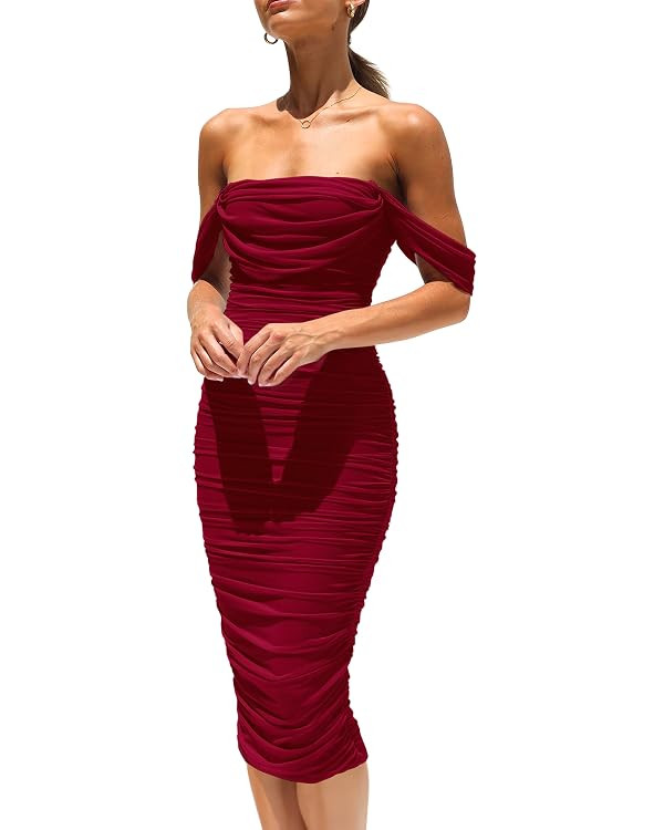 PRETTYGARDEN Wedding Guest Dress 2025 Summer Off Shoulder Ruched Elegant Sexy Bodycon Homecoming ... | Amazon (US)