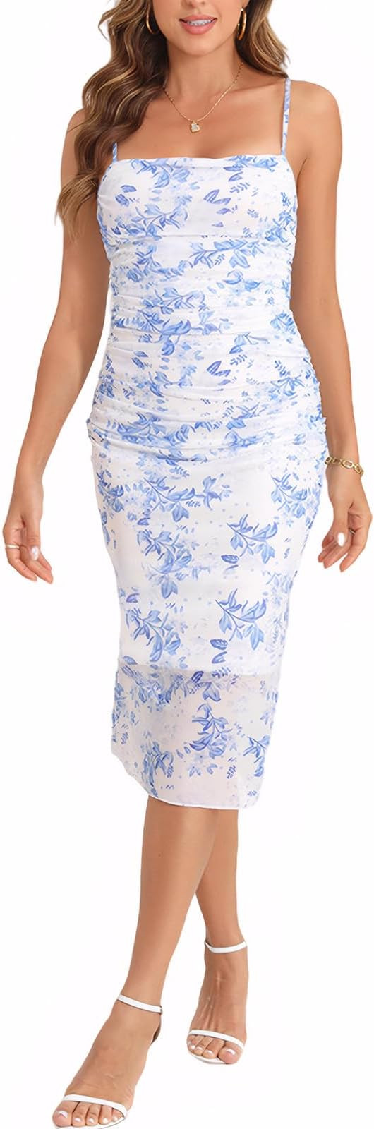 Women's Floral Ruched Bodycon Spaghetti Strap Midi Dress Mesh Sleeveless Fishtail Wedding Guest S... | Amazon (US)
