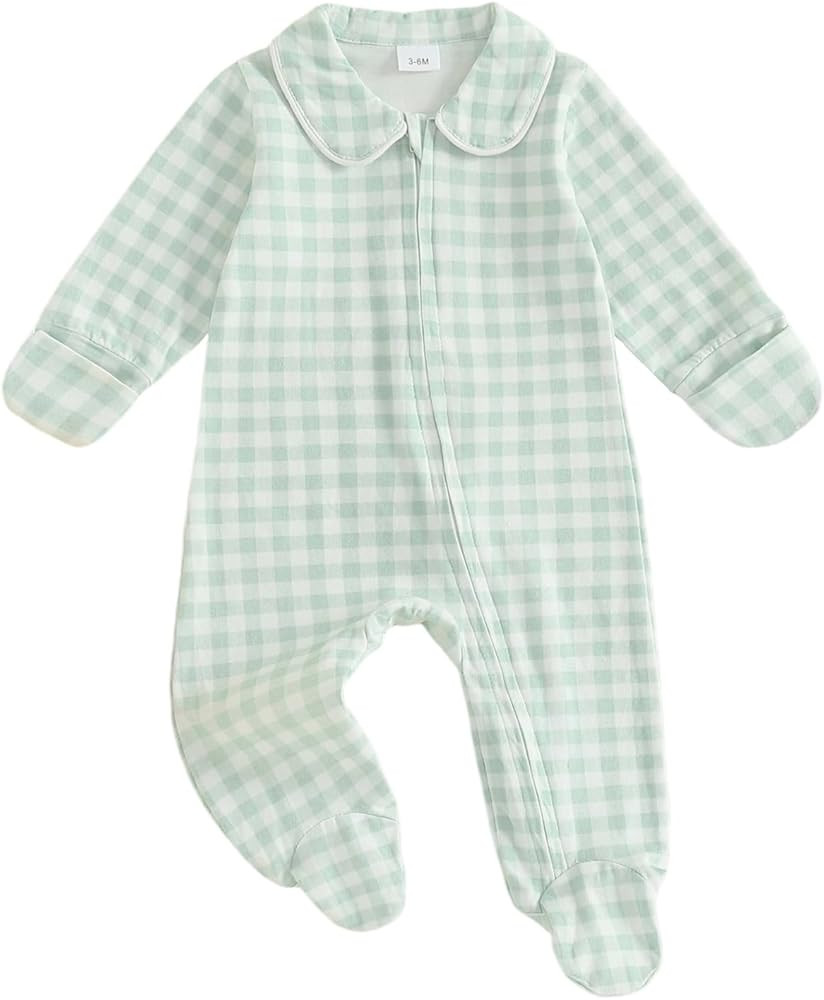 Seyurigaoka Newborn Baby Boy Girl Clothes Gingham Plaid Footed Jumpsuit Lapel Zipper Romper Cute ... | Amazon (US)
