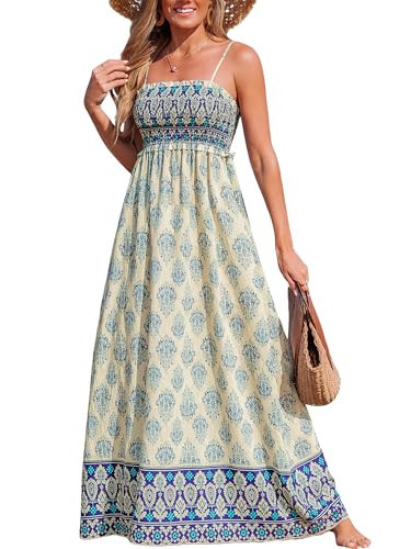 CUPSHE Women's Maxi Dress Floral Smocked Summer Boho Sun Dress Sleeveless Ruffled Spaghetti Straps Long Beach Formal Dress Blue Printed, M | Amazon (US)