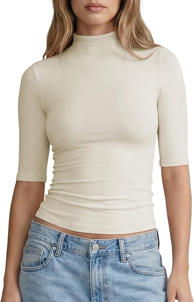PrettyGuide Womens Mock Turtleneck Tops Half Short Sleeve Cotton Shirts Slim Fit Dressy Business ... | Amazon (US)