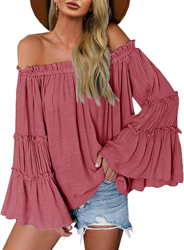 Womens Off The Shoulder Long Bell Sleeve Tops Flared Casual Loose Blouse | Amazon (US)