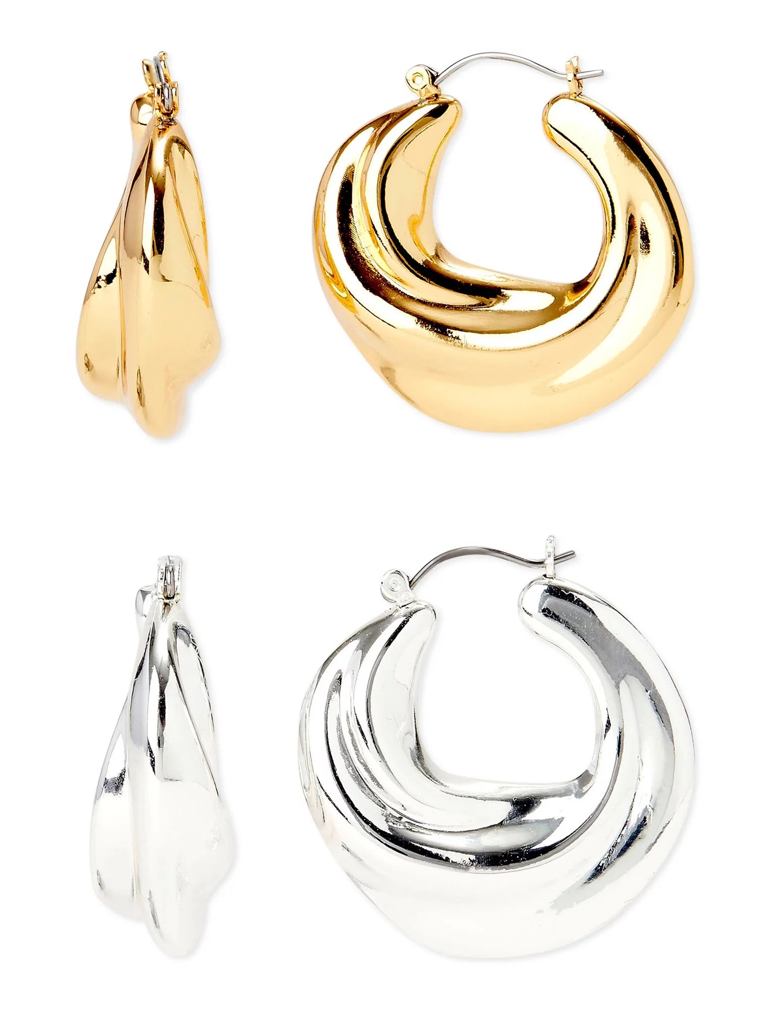 Scoop Womens 14K Gold Flash-Plated & Fine Silver-Plated Hoop Earring Duo, 2-Piece | Walmart (US)