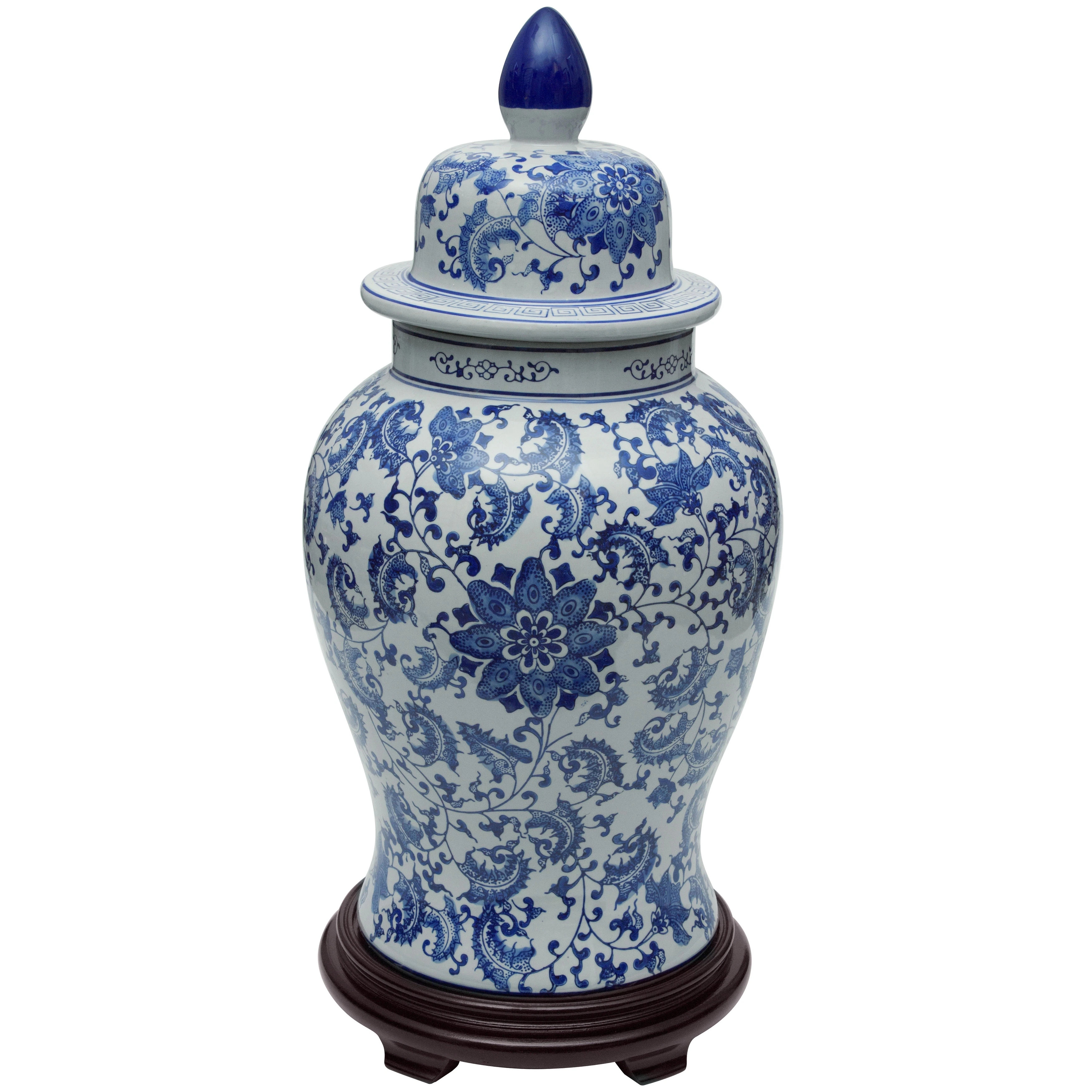 Handmade 24" Floral Blue and White Porcelain Temple Jar | Overstock