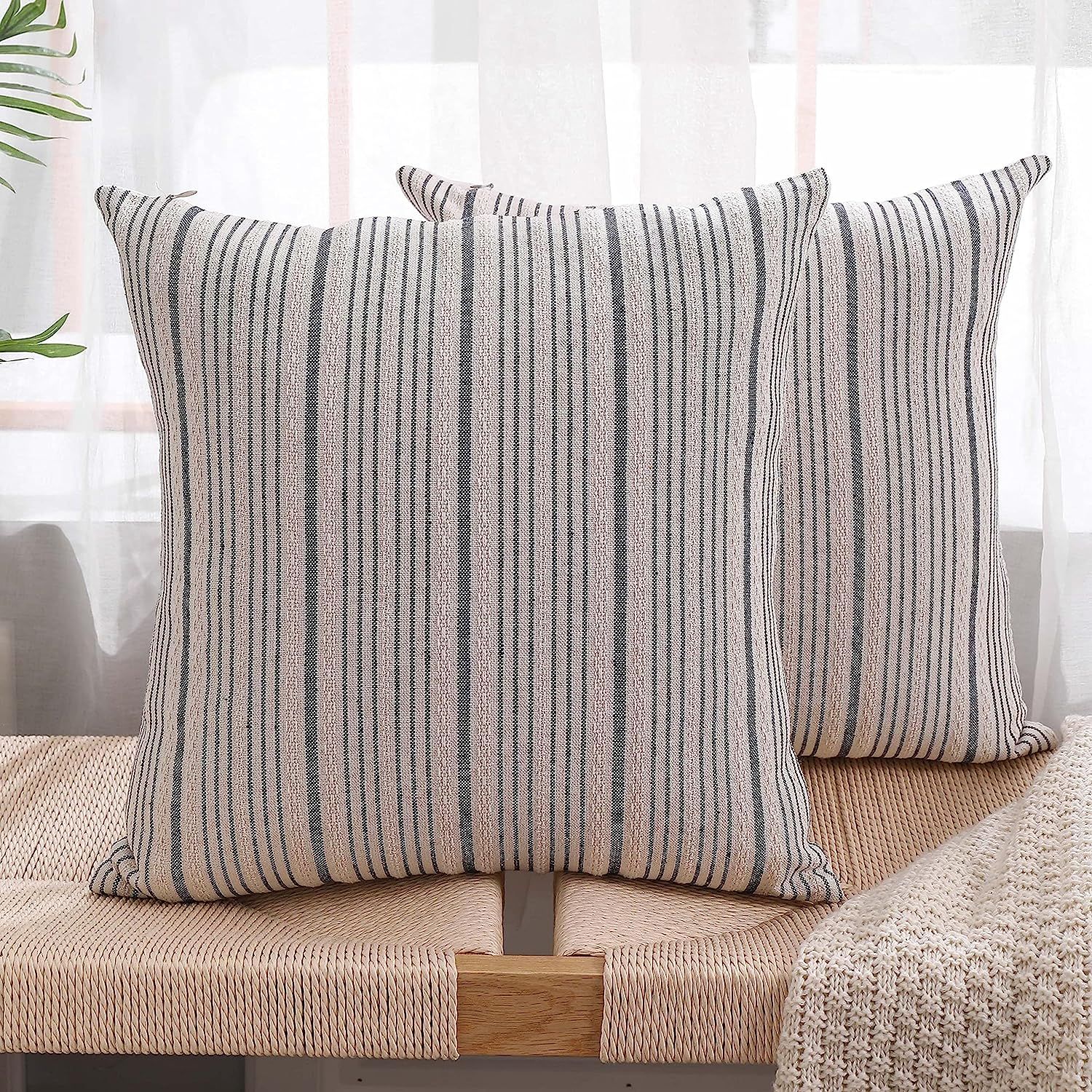 Farmhouse Striped Throw Pillow Covers Set of 2 ,Decorative Accent Textured Linen Pillowcase 18" X... | Amazon (US)