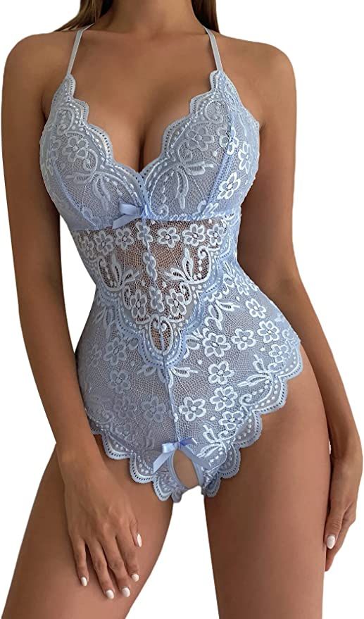 SOLY HUX Women's Floral Lace Scalloped Trim Criss Cross Back Lingerie Teddy Bodysuit | Amazon (US)