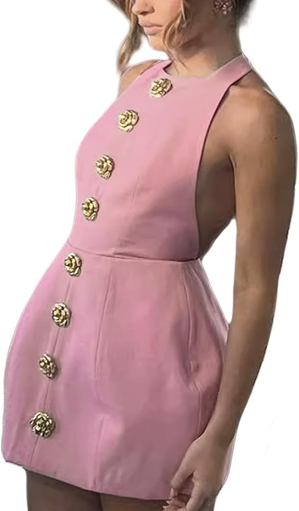 Women's Elegant Halter Sleeveless Tweed Mini Dress Rose Open Back Party Club Cocktail Evening Dre... | Amazon (US)