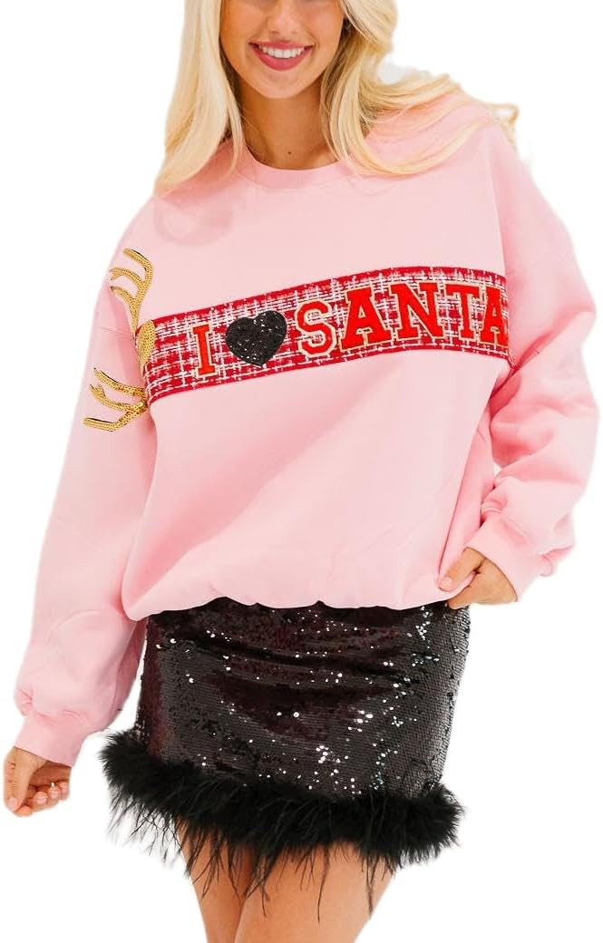 Women Sequin Christmas Sweatshirt Cute Graphic Sparkly Long Sleeve Crew Neck Pullover Y2k Oversiz... | Amazon (US)