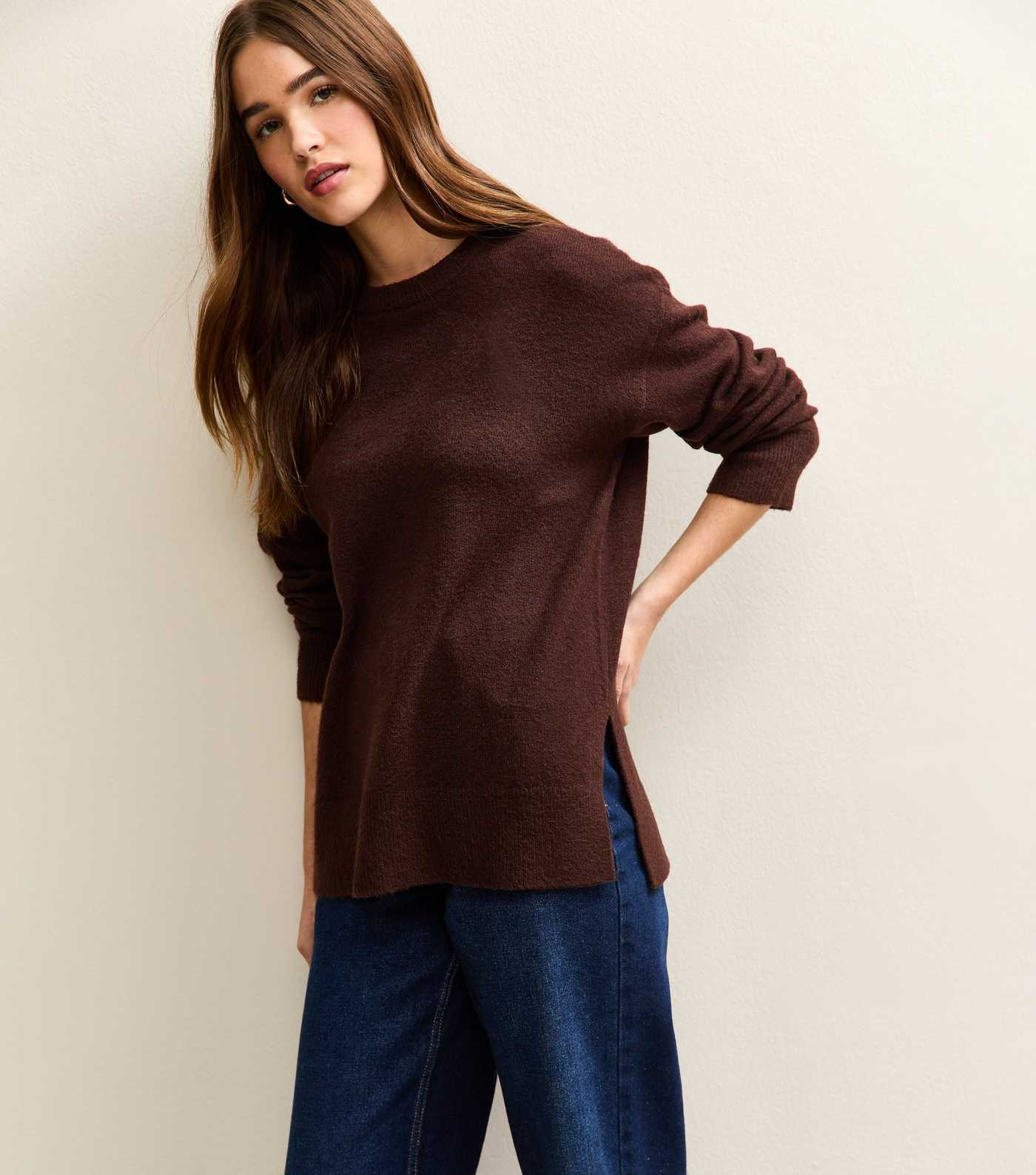 Dark Brown Knitted Side Split Jumper | New Look | New Look (UK)