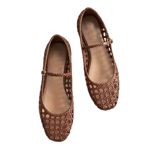 Woven Mesh Ballet Flats for Women Square Toe Mary Jane Flats Buckle Strap Flat Shoes Comfortable Ballerina Flats Dressy Mesh Shoes Casual Mary Janes for Women A-Brown | Amazon (US)