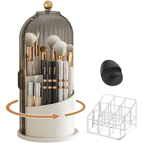 Makeup Brush Holder Organizer with Lid 360° Rotating Makeup Organizer Countertop Dustproof Cosme... | Amazon (US)