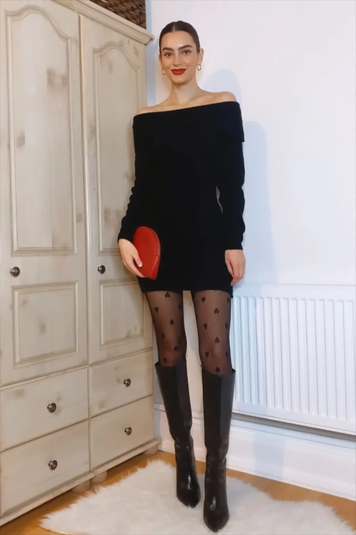 black dress with black tights and boots Black Ankle Boots with Sweater