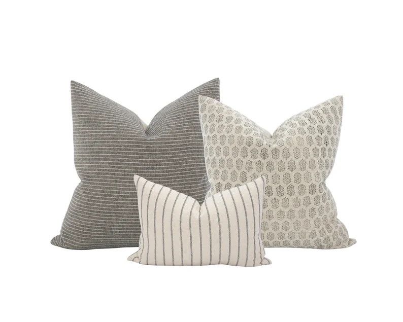 Neutral Grey Pillow Cover Combo Grey Sofa Pillows Neutral Pillow Cover Set Grey Stripe Pillow Com... | Etsy (US)