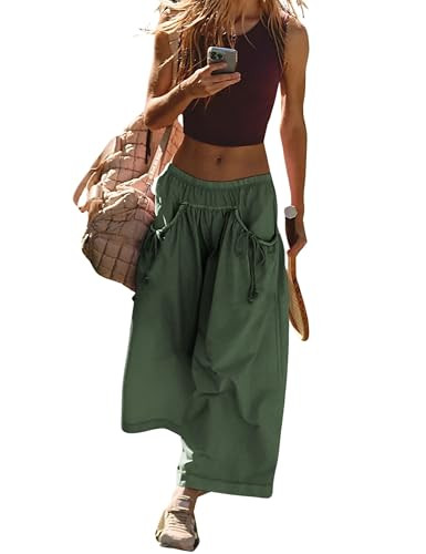 Amazon.com: Hooever Women's Loose Wide Leg Track Pants Drawstring Pockets Elastic Waist Capri Hik... | Amazon (US)