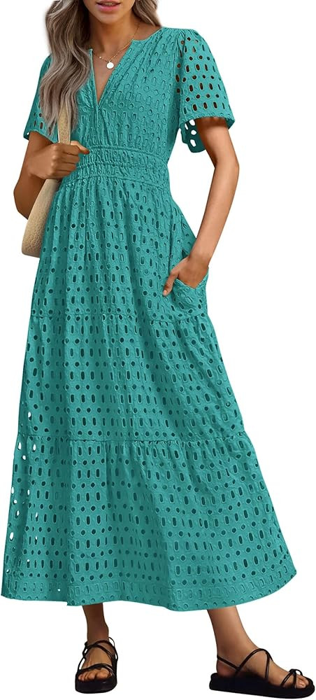 PRETTYGARDEN Womens 2026 Summer Maxi Dress Short Sleeve V Neck Hollow Out Eyelet A Line Long Flow... | Amazon (US)