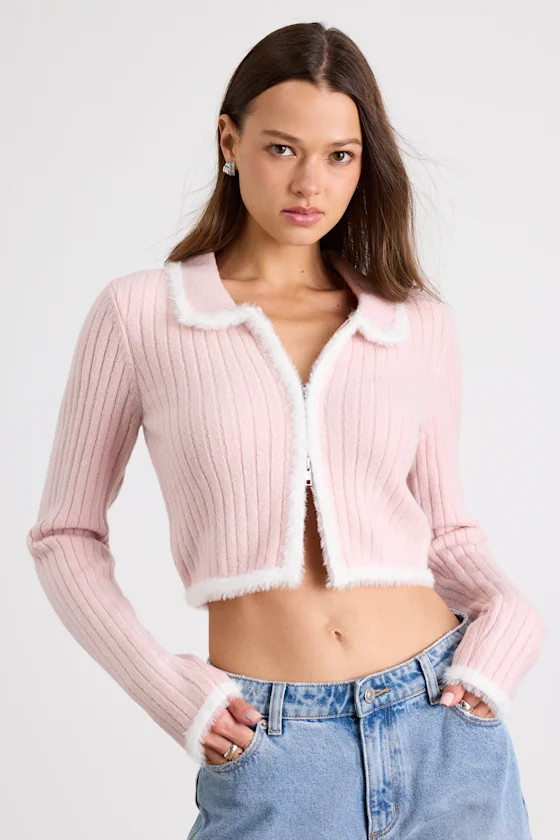Leyden Light Pink Fuzzy Trim Zip-Front Cropped Cardigan | Lulus