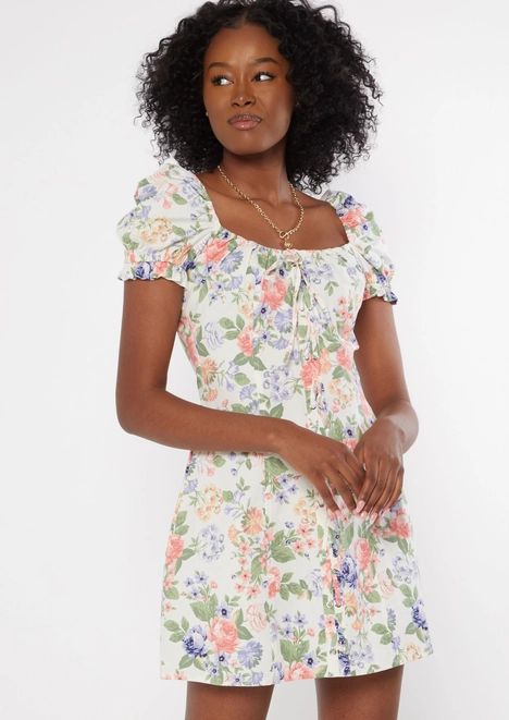 White Floral Puff Sleeve Lace Up Dress | rue21
