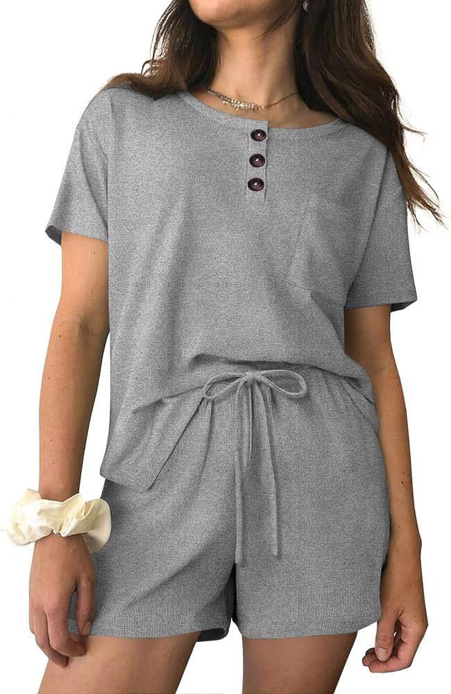 Ekouaer Womens Pajama Sets Short Sleeve Ribbed Knit Pjs Soft Summer Sleepwear 2 Piece Lounge Sets | Amazon (US)
