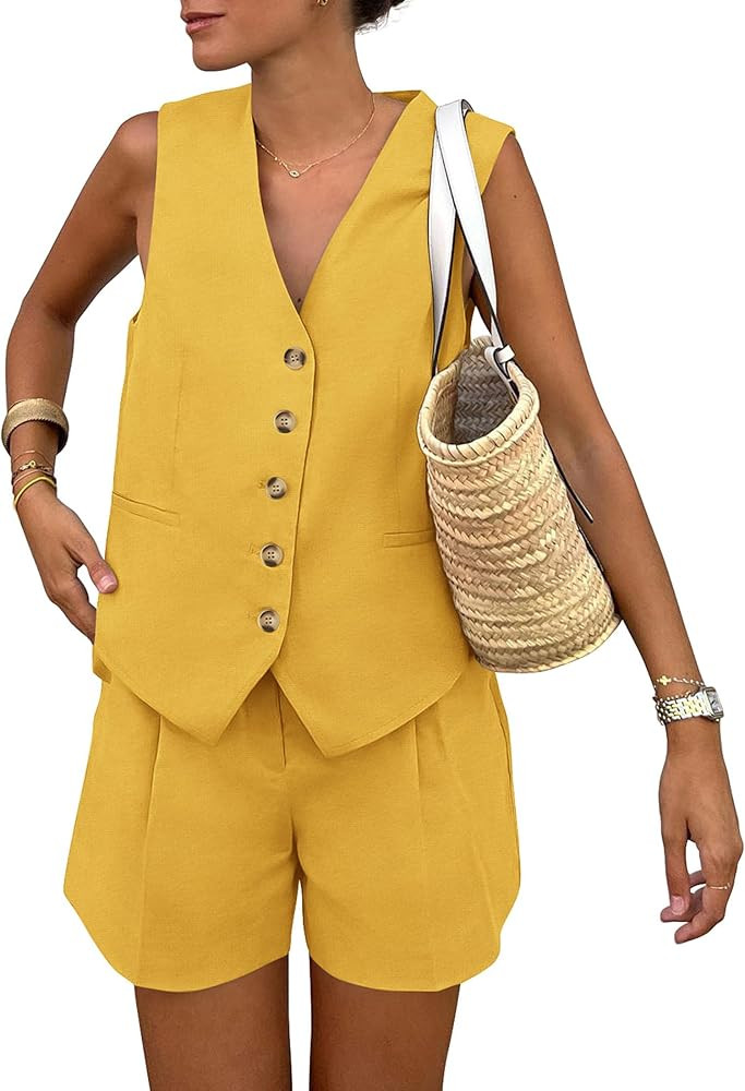 PRETTYGARDEN Women's Summer 2 Piece Outfits Sleeveless Matching Sets Button Down V Neck Vest Wais... | Amazon (US)