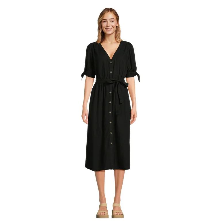 Time and Tru Women's and Women's Plus Tie Sleeve Linen Blend Midi Dress, Sizes XS-4X | Walmart (US)
