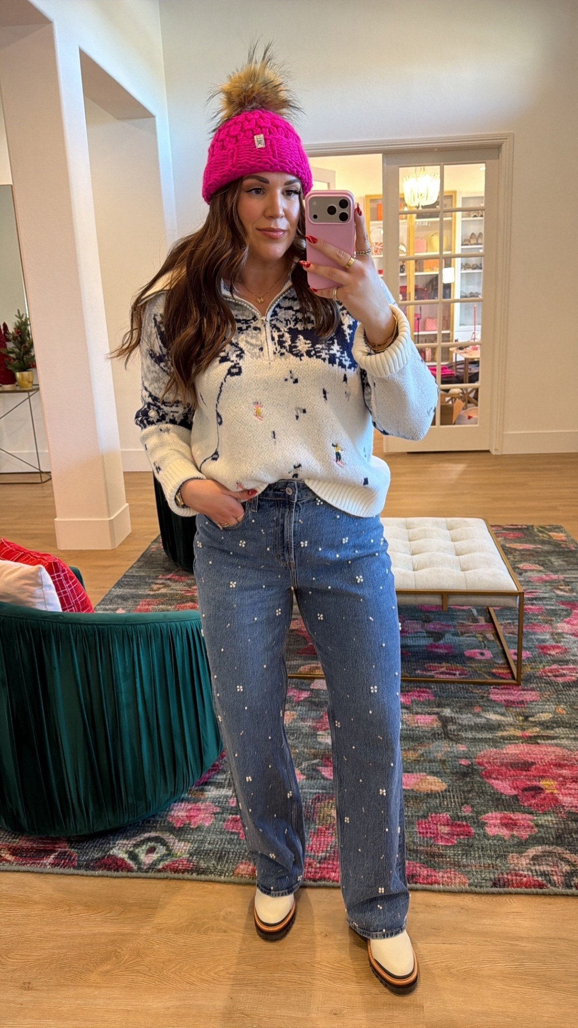 curvy midsize casual winter snow bunny look! wearing size large in ski sweater and size 30 in embellished pearl denim ⛷️💕 

#LTKSeasonal #LTKFindsUnder50 #LTKMidsize