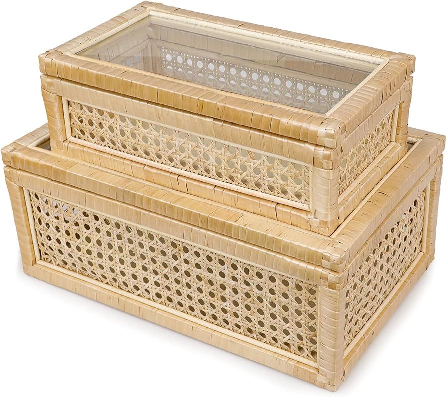 Rattan Decorative Box with Glass Lids, Rectangular Decorative Boxes for Home Décor, Rattan Woven... | Amazon (CA)