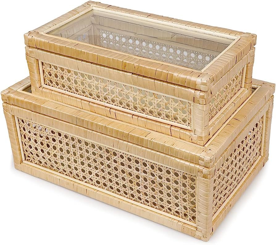 POPRHINO Rattan Decorative Box with Glass Lids, Rectangular Decorative Boxes for Home Décor, Rat... | Amazon (US)