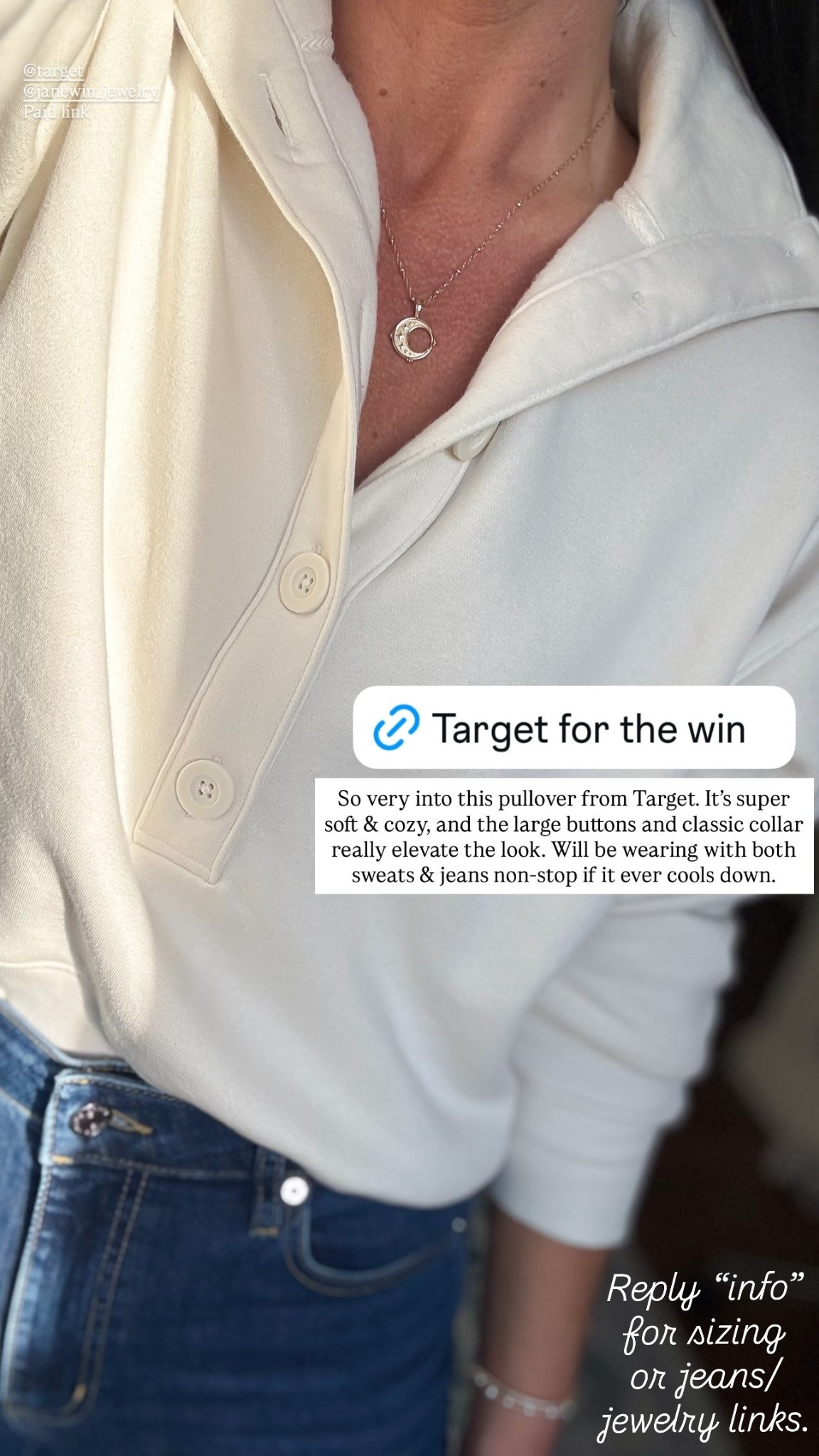 $35 Target pullover😍

So very into this pullover from Target. It’s super soft & cozy, and the large buttons and classic collar really elevate the look. Will be wearing with both sweats & jeans non-stop if it ever cools down.

In my opinion, this pullover fits TTS. It does have a loose fit, so if you’re between sizes you can probably take your smaller size. I’m wearing an XS

Target find, Target fashion, affordable style, classic style, preppy, casual, mom outfit, fall fashion 

#LTKFindsUnder50 #LTKStyleTip #LTKSeasonal