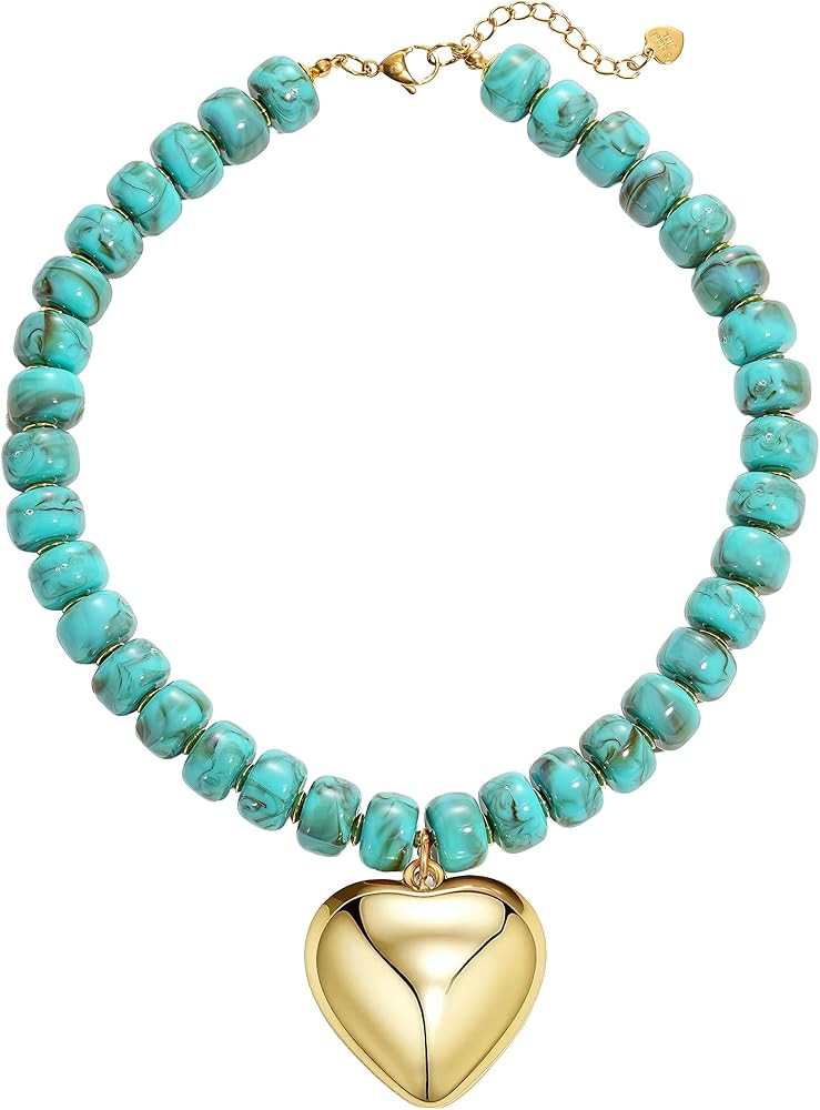 Faux Gemstone Resin Chunky Necklaces for Women, Trendy Beaded Puffy Gold Heart Pendant Statement ... | Amazon (US)