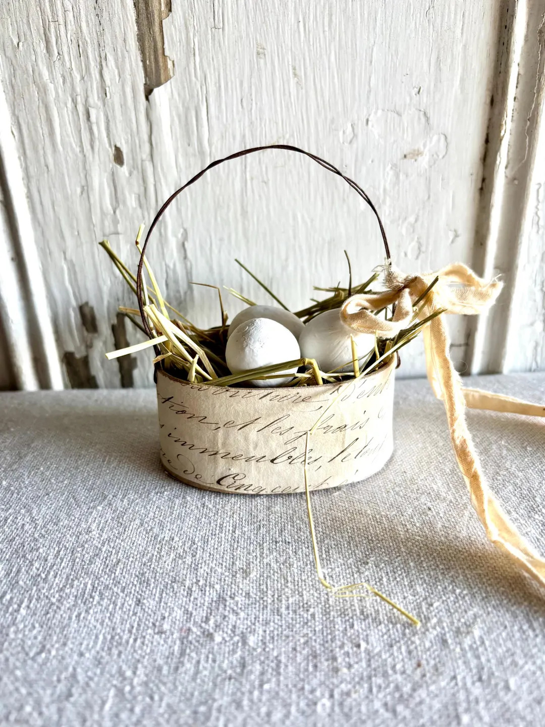Primitive Grungy Easter Egg Basket in an Oval Paper Mache Box, Small Easter Bucket With Grass, Pr... | Etsy (US)