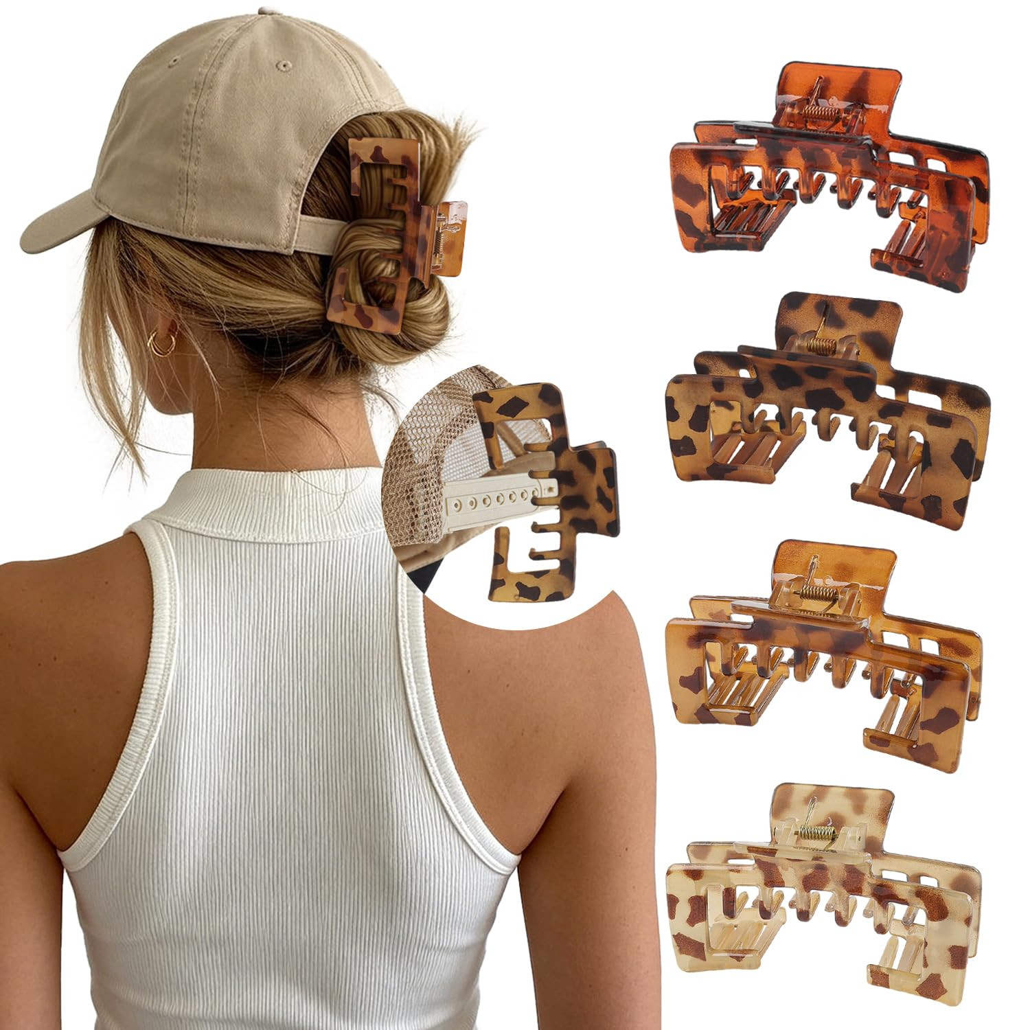 Hat-Friendly Claw Clips for Baseball Caps - Trucker Hat Hair Claw for Women,Non Slip Strong Hold Clips for Thick & Thin Hair(4PC Tortoise) | Amazon (US)