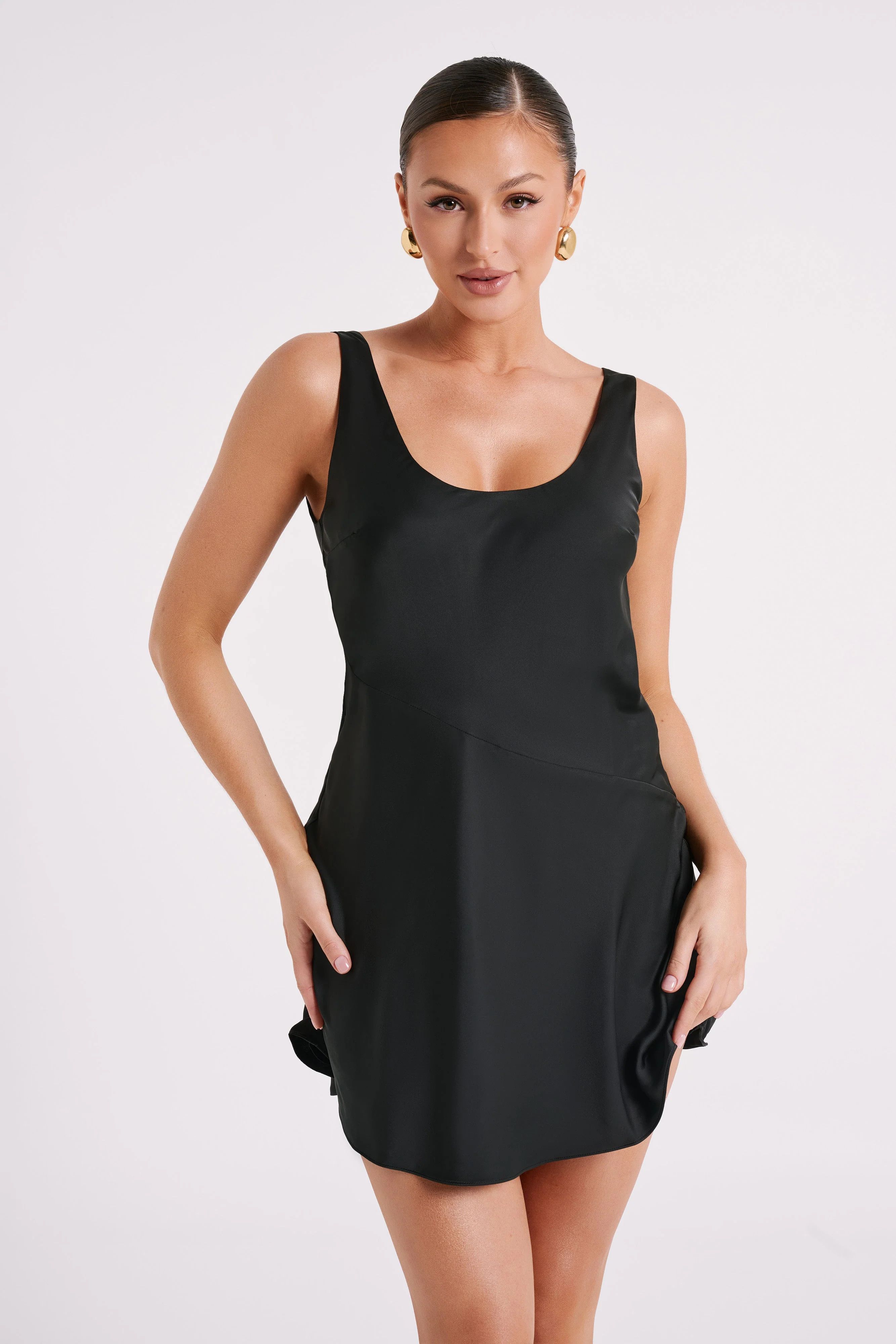 Enya Satin Slip Mini Dress - Black | MESHKI US