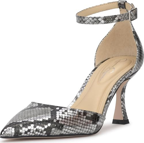Jessica Simpson Women's Foxena Pointed Toe Ankle Strap Pump Chrome Metallic Snake 5.5 Medium | Amazon (US)