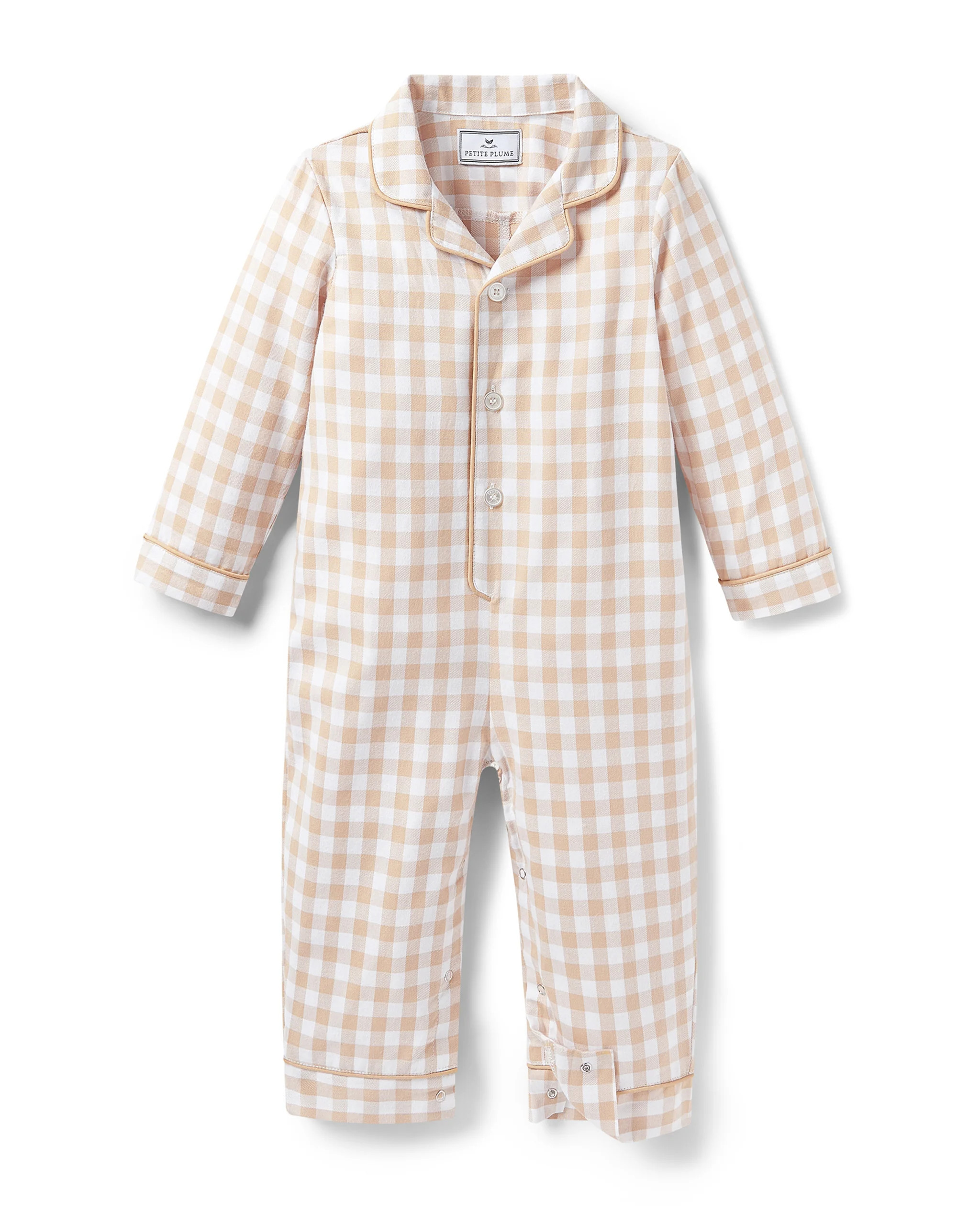 Baby's Twill Classic Romper in Camel Gingham | Petite Plume
