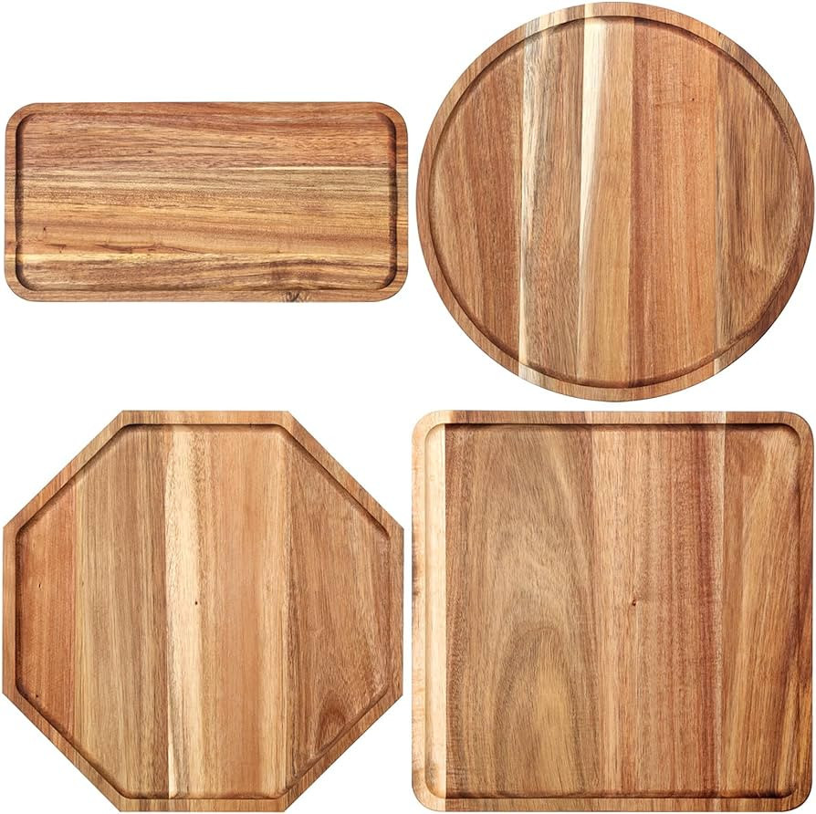 Baderke 4 Pcs Solid Acacia Wood Serving Tray Wooden Serving Platter Rustic Charcuterie Board Set ... | Amazon (US)