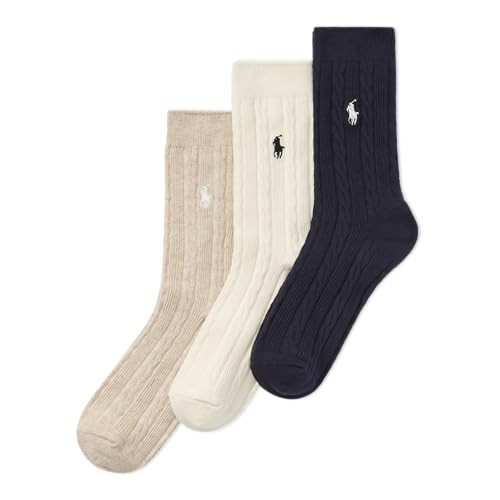 Polo Women's Classic Cable Crew Socks 3 Pair Pack, Navy and Natural, Women's Shoe Size: 4-10 | Amazon (US)