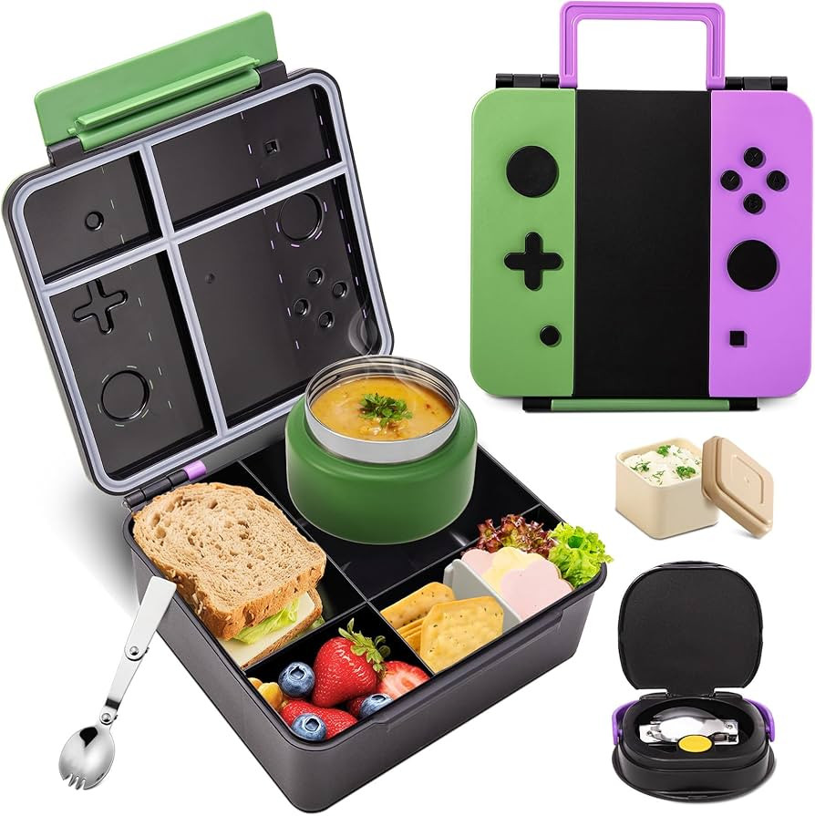 Game Bento Box for Kids, Lunch Box with Thermo(9oz Food Jar), Folding Spoon, Removable Divider & ... | Amazon (US)
