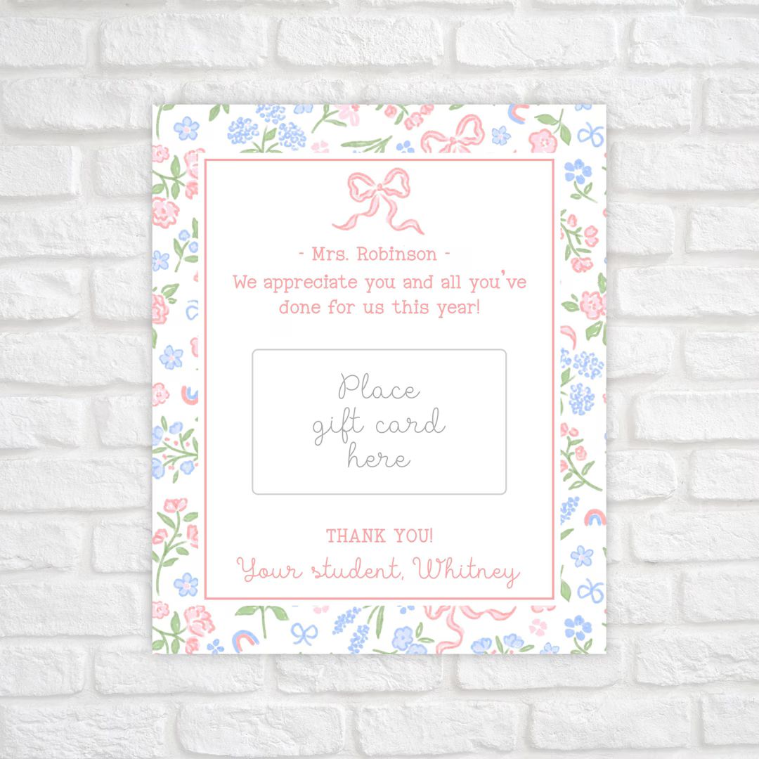 Printable Pink Bow and Floral Teacher Appreciation Gift Card Holder, Teacher Gift Card Holder Flo... | Etsy (US)