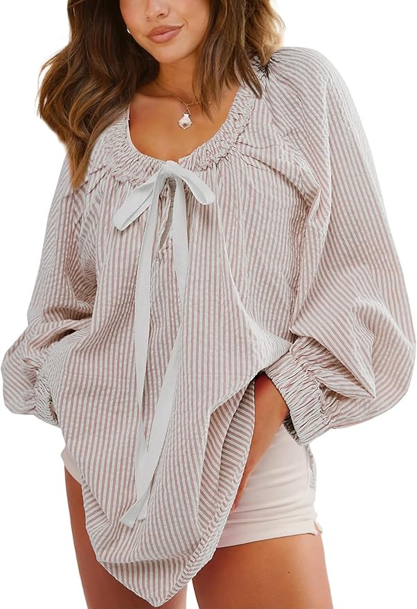 Striped Tunic for Women Dressy Casual Loose Fit Blouses Tops Long Sleeve Scoop Neck Bow Tie Shirt | Amazon (US)