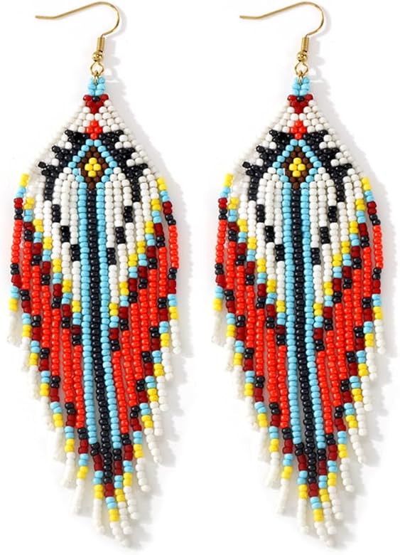 Bohemian Tassel Colorful Beaded Earrings For Women Trendy, Long Fringe Feather Drop Jewelry Handm... | Amazon (US)