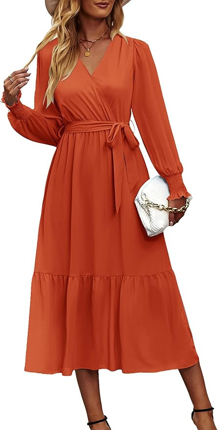 PRETTYGARDEN Women's Floral Print Boho Dress Long Sleeve Wrap V Neck Ruffle Belted A-Line Flowy M... | Amazon (US)