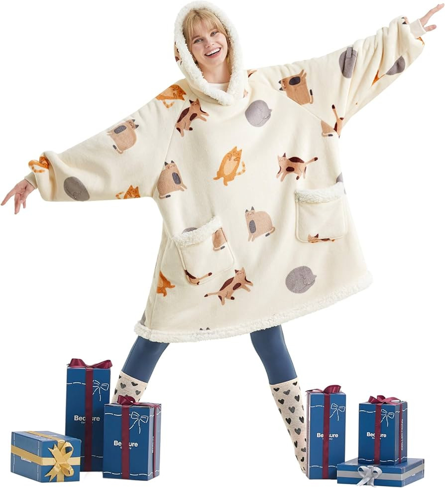 Bedsure Cat Blanket Hoodie with Sleeves - Sherpa Hooded Blanket as Warm Gifts for Mom Women Girlf... | Amazon (US)