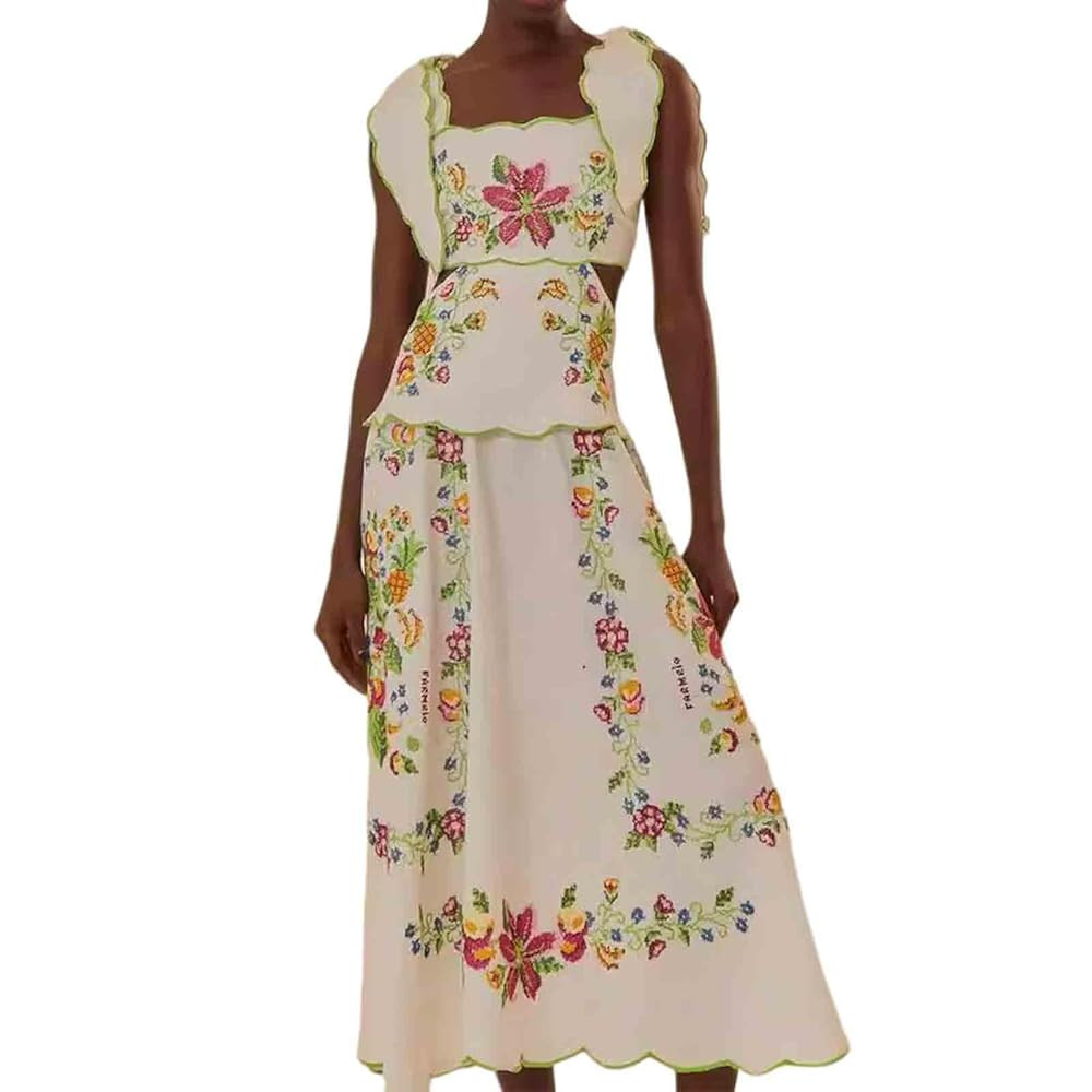 Women's Sleeveless Square Neck Backless Bow Suspender Dress, Floral Embroidery Dress, Long Skirt | Amazon (US)