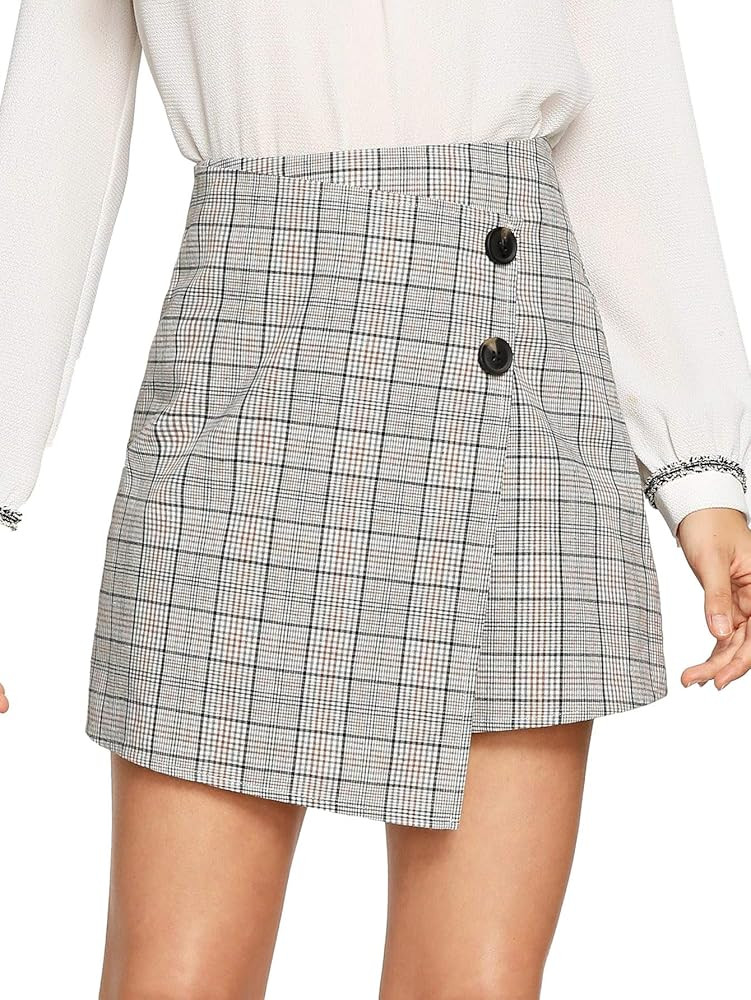 WDIRARA Women's Plaid Asymmetrical Wrap Above Knee Elegant Work Mini Skirt | Amazon (US)