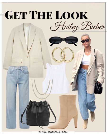 Shop this look! Hailey Bieber inspired casual outfit: oversized blazer, suede booties, cropped tank, bucket bag,chunky gold hoops

#LTKstyletip #LTKSeasonal #LTKunder50