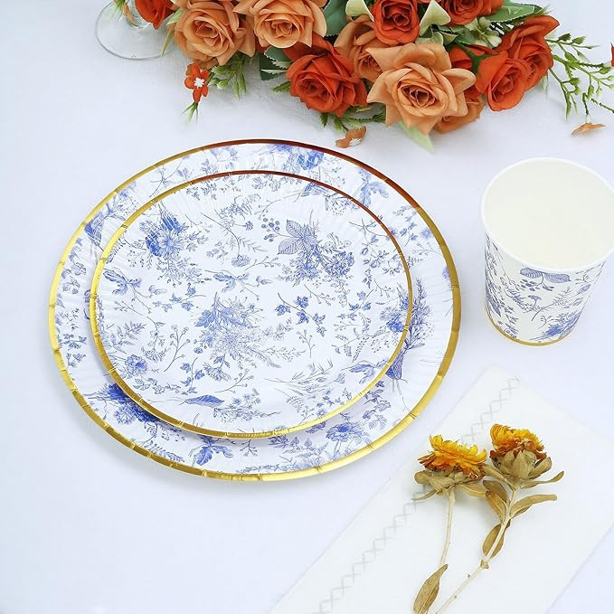 Efavormart 25 Pack | 9" Blue Chinoiserie Floral Paper Dessert Plates With Gold Rim, Round Disposa... | Amazon (US)