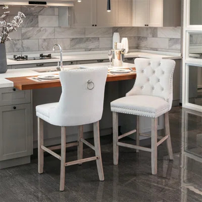 Set of 2 Contemporary Velvet Bar Stools – Mid-Century Modern Design with Button Tufting, Chrome Nailhead Trim, Solid Wood Legs & Adjustable Height, Pl | Wayfair North America