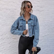Button Front Drop Shoulder Raw Hem Crop Denim Jacket | SHEIN