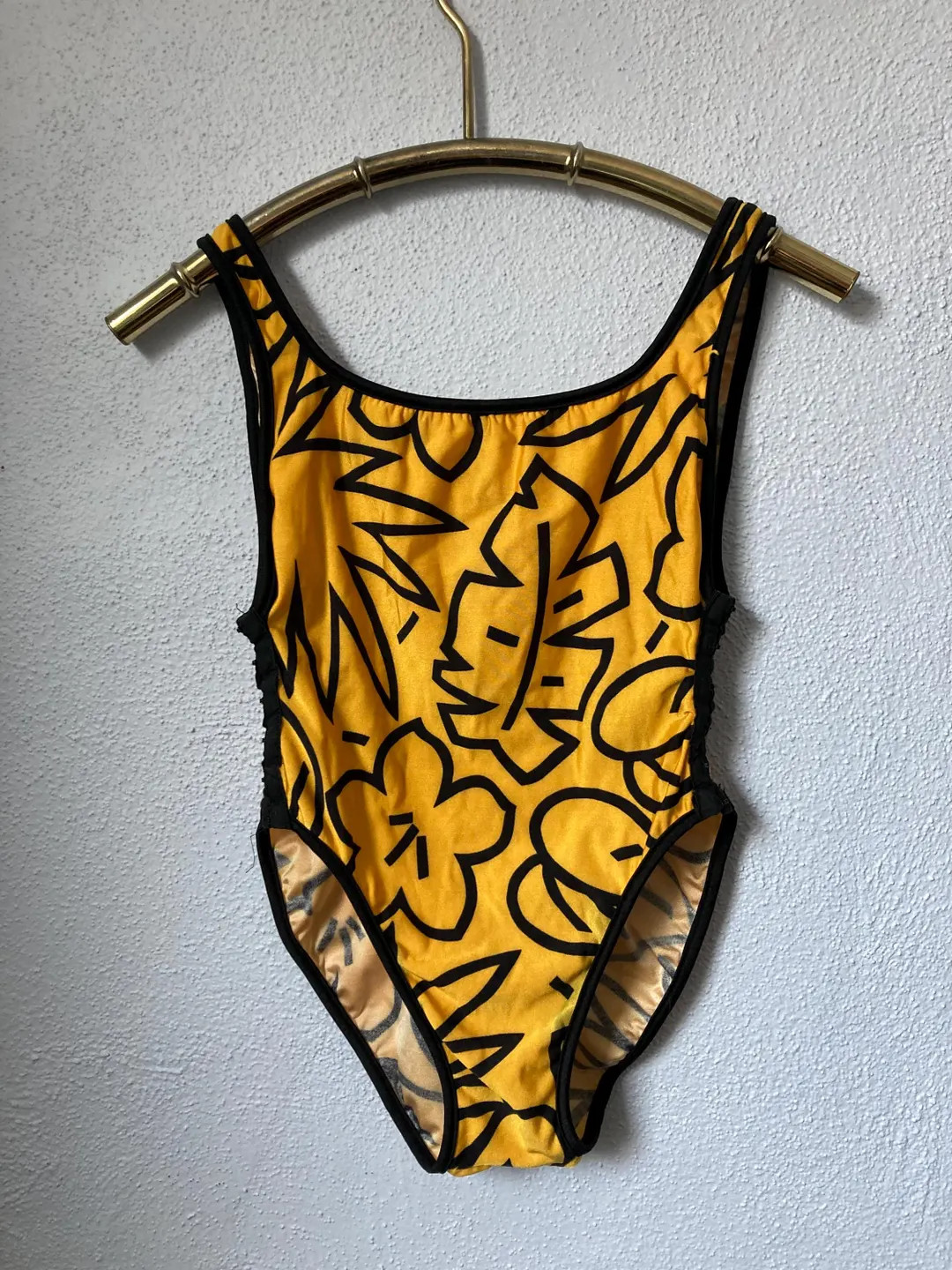 80s Yellow Black Leaf Patterned Swimwear - Women's Size  XS - Swimsuit - One Piece Corset Clasps ... | Etsy (US)